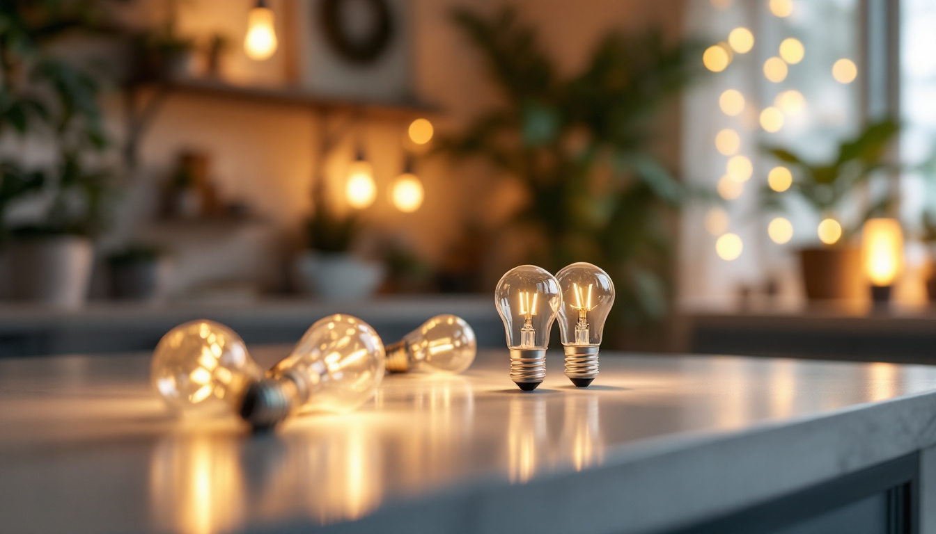 A photograph of a well-lit room showcasing various small screw light bulbs in use