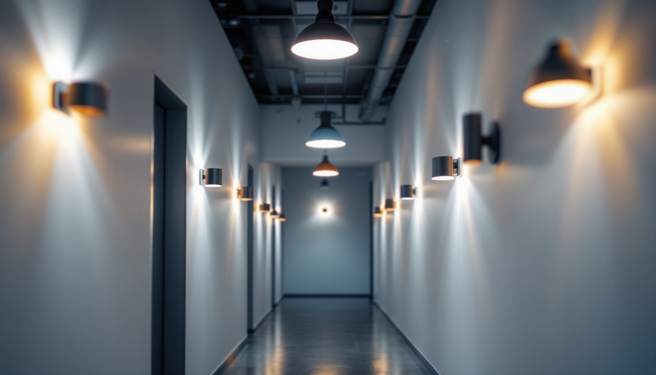 A photograph of a modern hallway showcasing a variety of innovative light fixtures