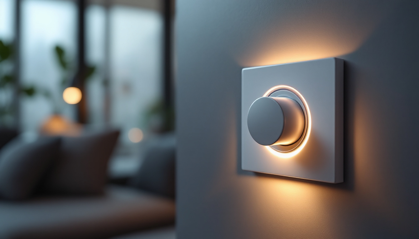 A photograph of a close-up shot of a lighted dimmer switch in a modern home setting
