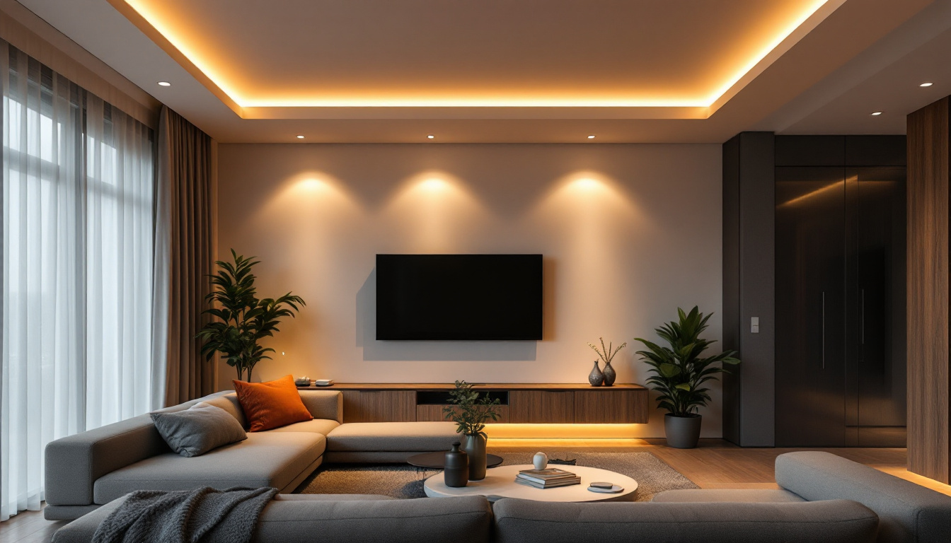 A photograph of a modern living space featuring contemporary recessed lights