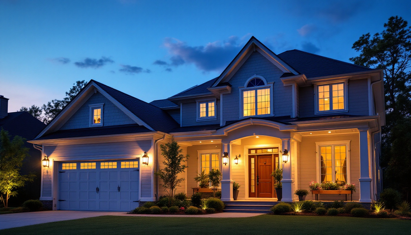 A photograph of capture a photograph of a beautifully illuminated front porch at twilight