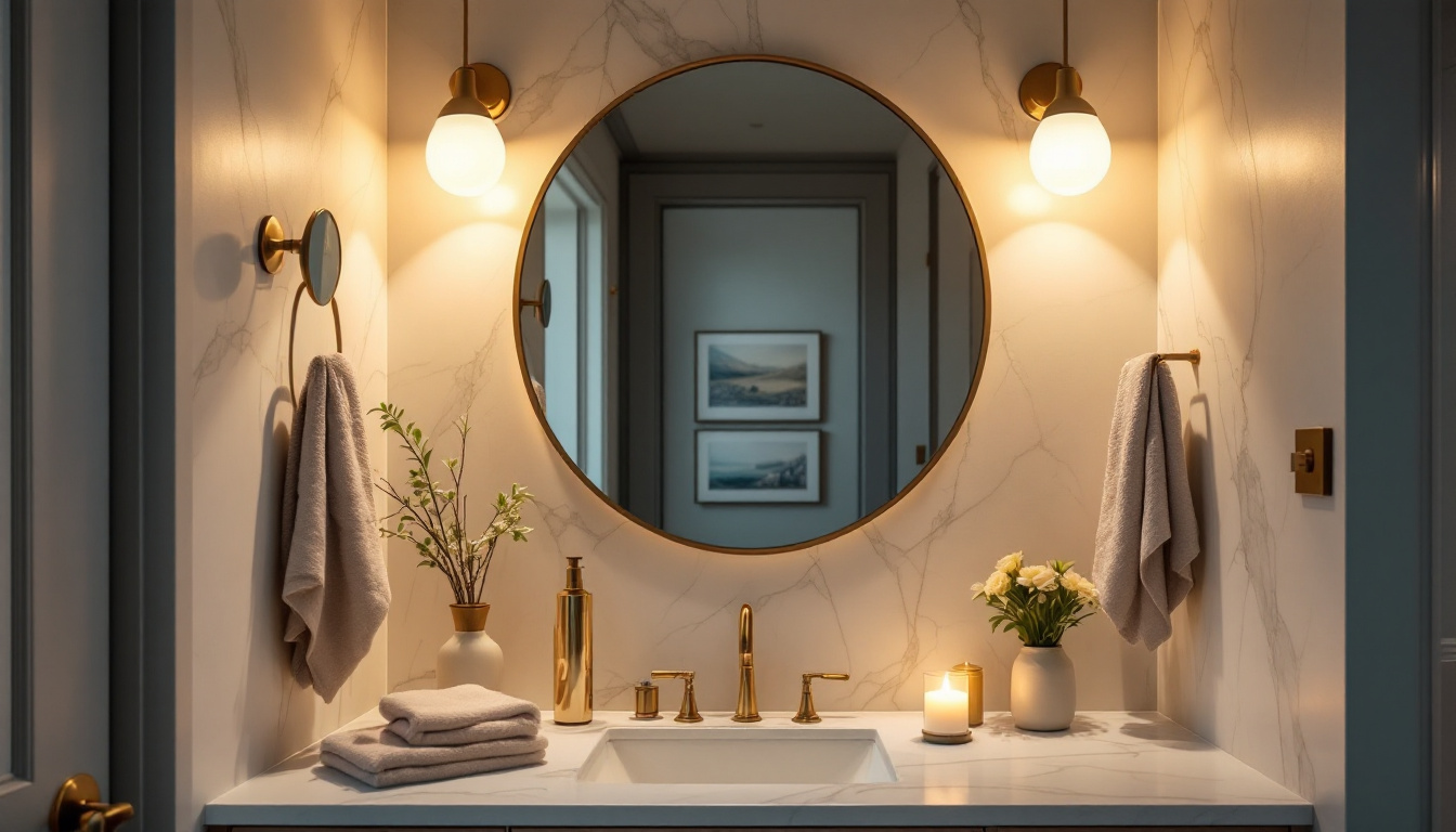 A photograph of a beautifully designed bathroom or dressing area featuring stylish vanity lighting