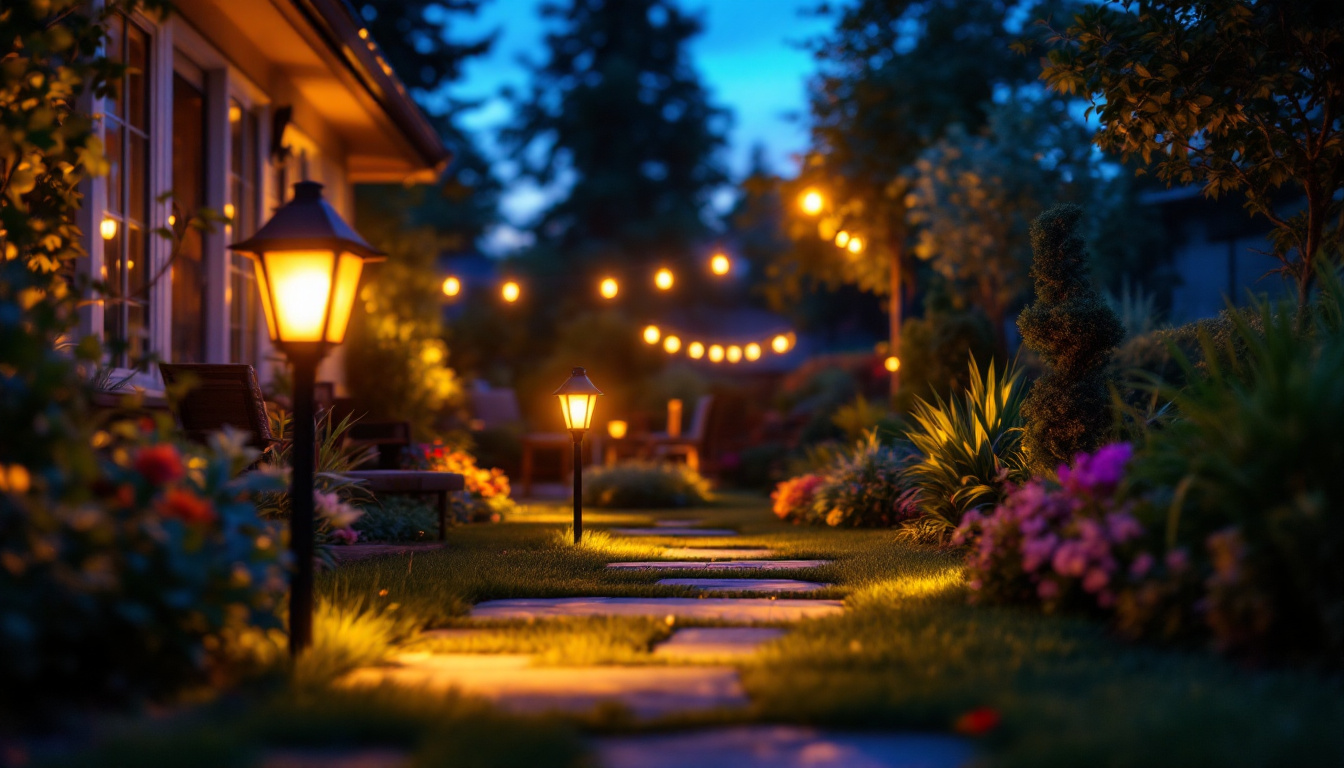 A photograph of a vibrant outdoor setting illuminated by solar-powered led lights at dusk