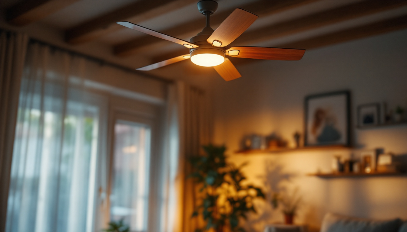 A photograph of a well-lit living room featuring a stylish fan light switch in action