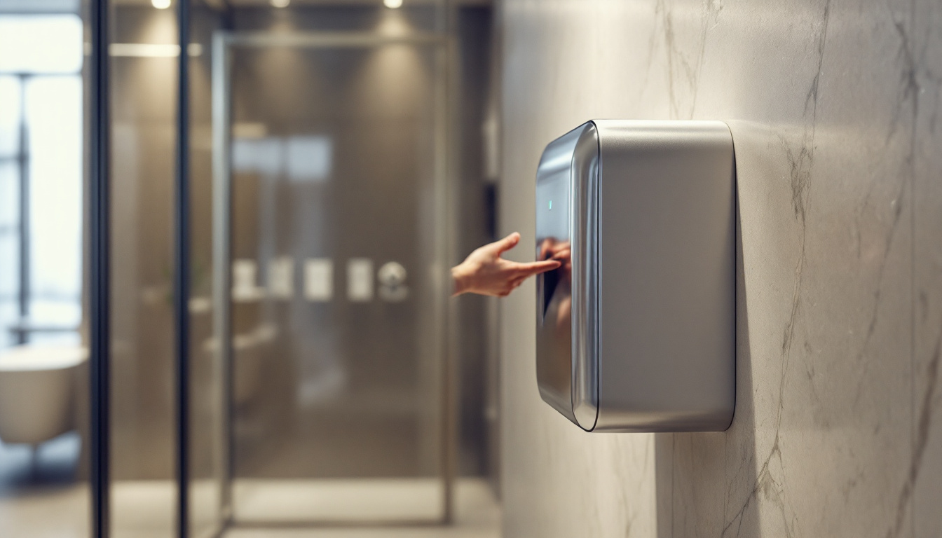 A photograph of a modern commercial restroom featuring a sleek
