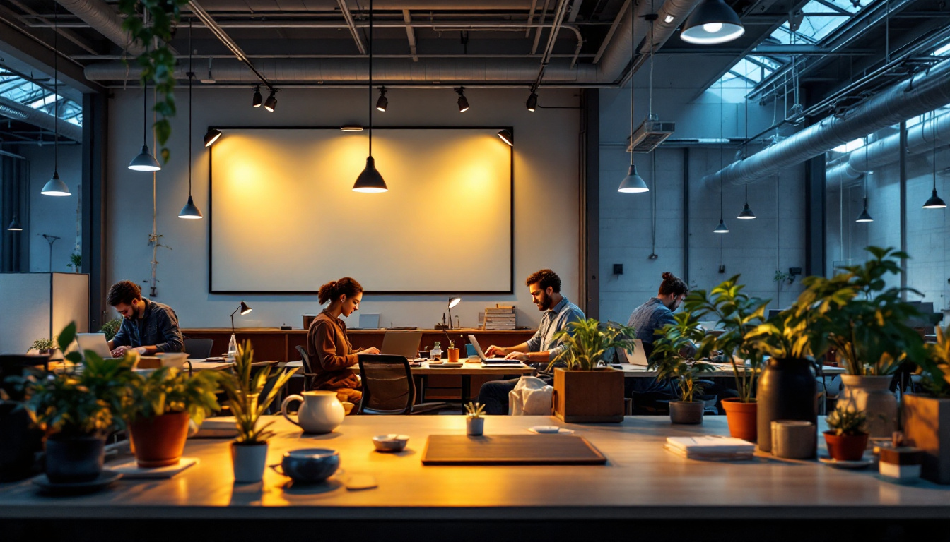 A photograph of a modern workplace or warehouse featuring sleek pot lights illuminating the space