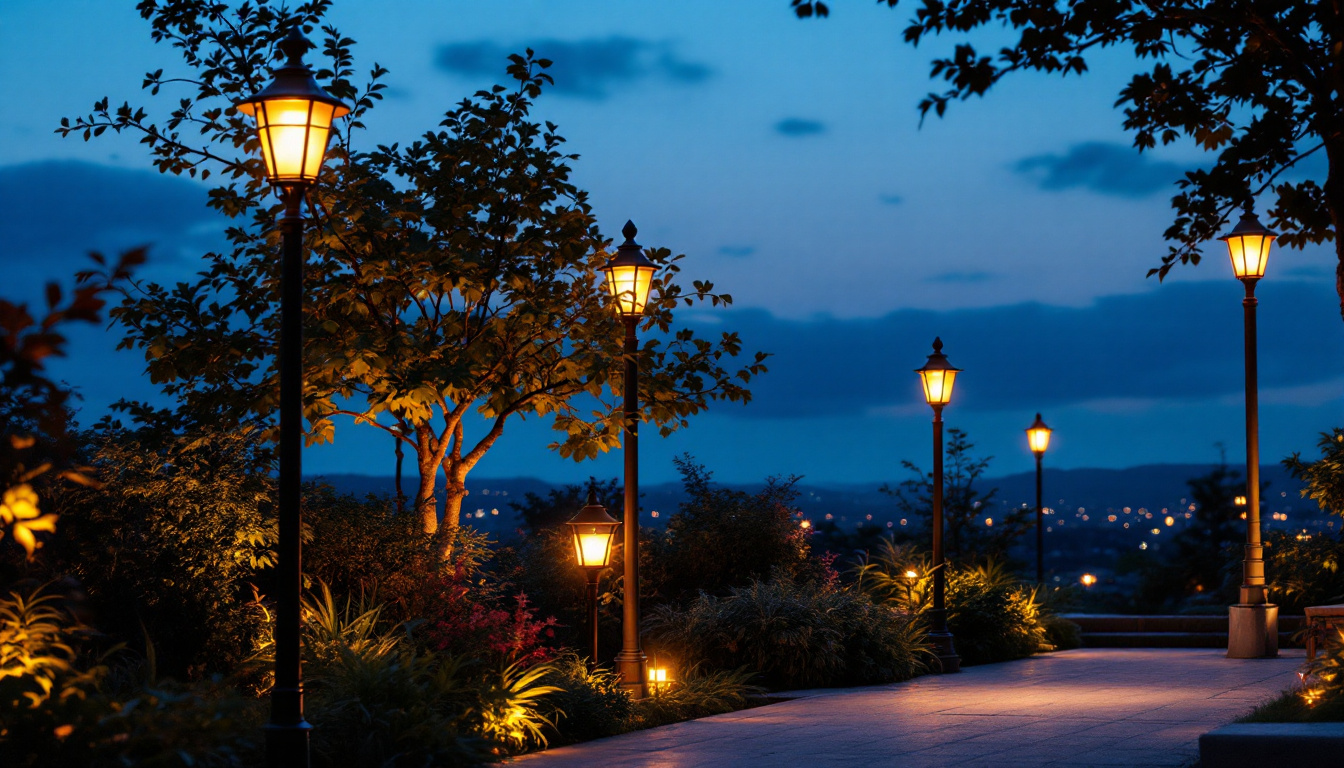 A photograph of a beautifully illuminated outdoor space featuring strategically placed post lamps that enhance the ambiance