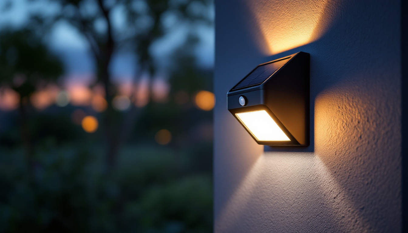A photograph of a solar led outdoor motion-activated wall pack light in action at dusk