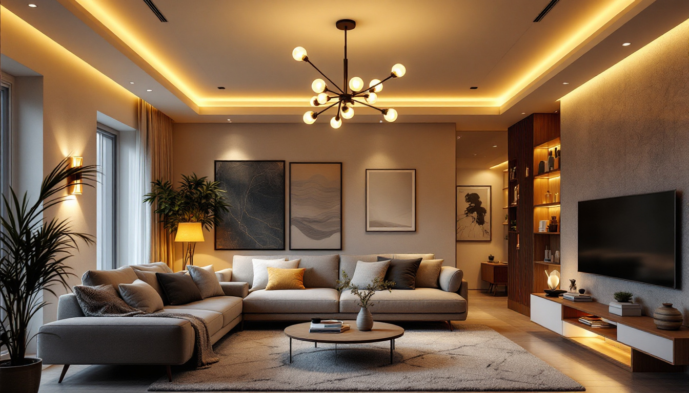 A photograph of a beautifully designed living room showcasing a modern ceiling light fixture that highlights the space's brightness and ambiance