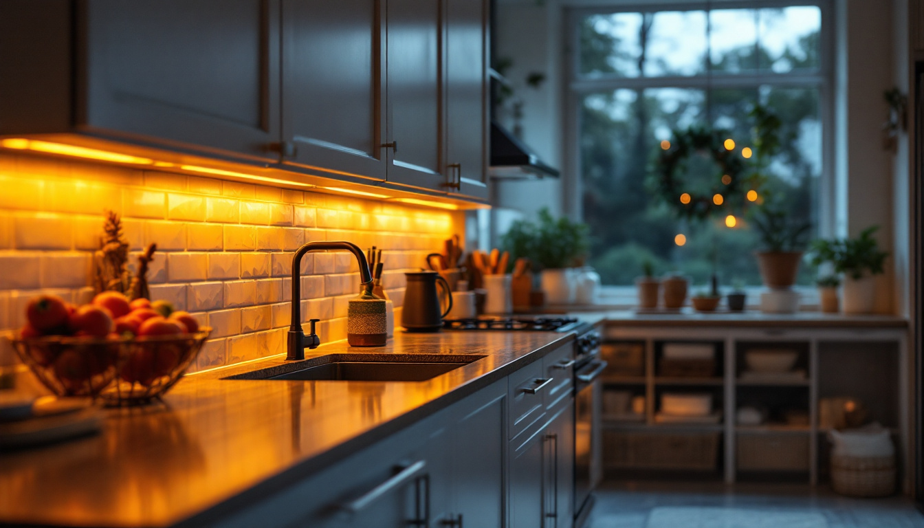 A photograph of a beautifully illuminated kitchen with low voltage under cabinet lighting
