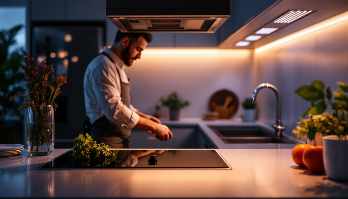 A photograph of a modern kitchen featuring the brightest under counter lights in action
