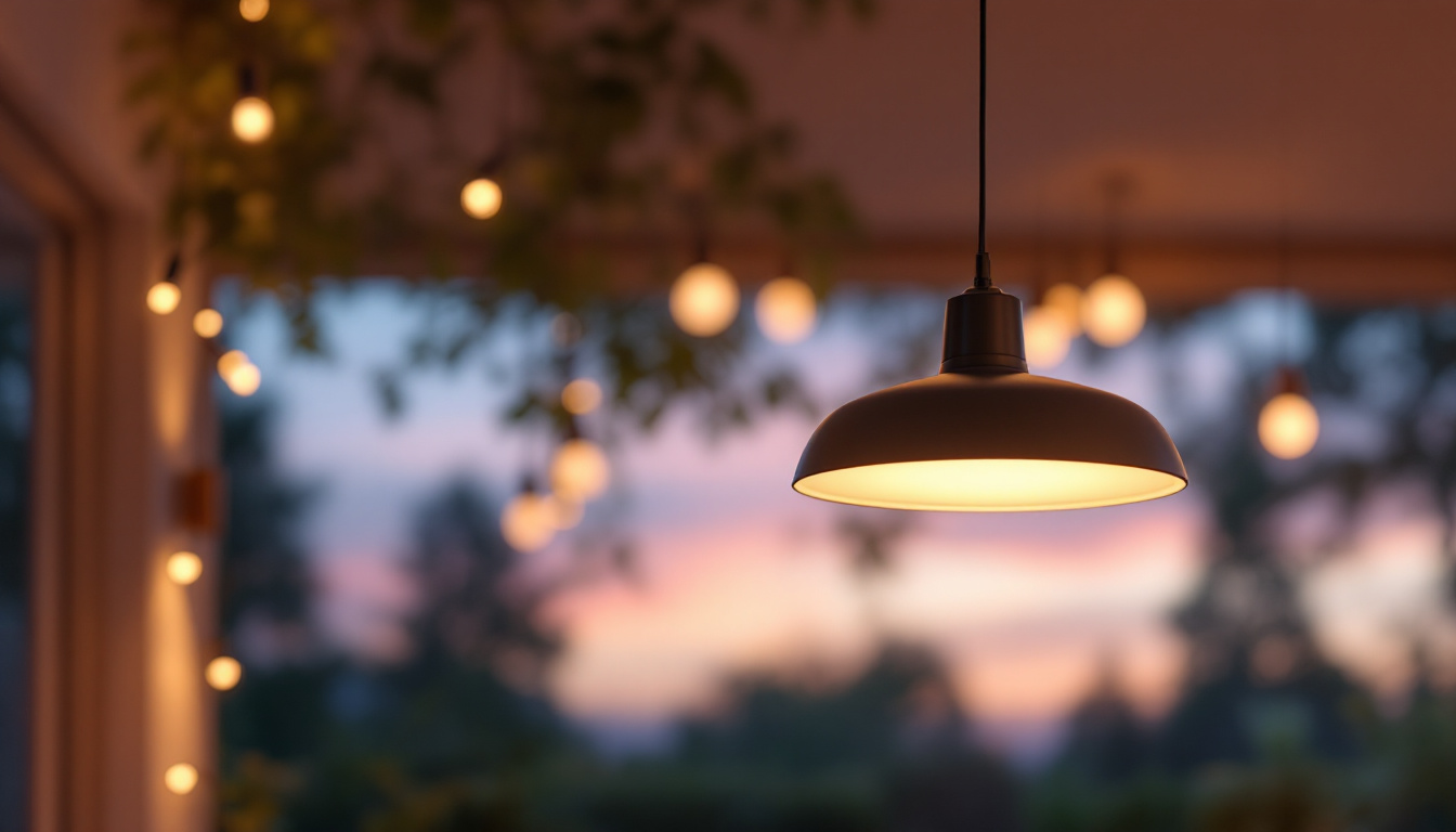 A photograph of a beautifully designed outdoor hanging pendant light illuminating a stylish patio or garden setting during twilight