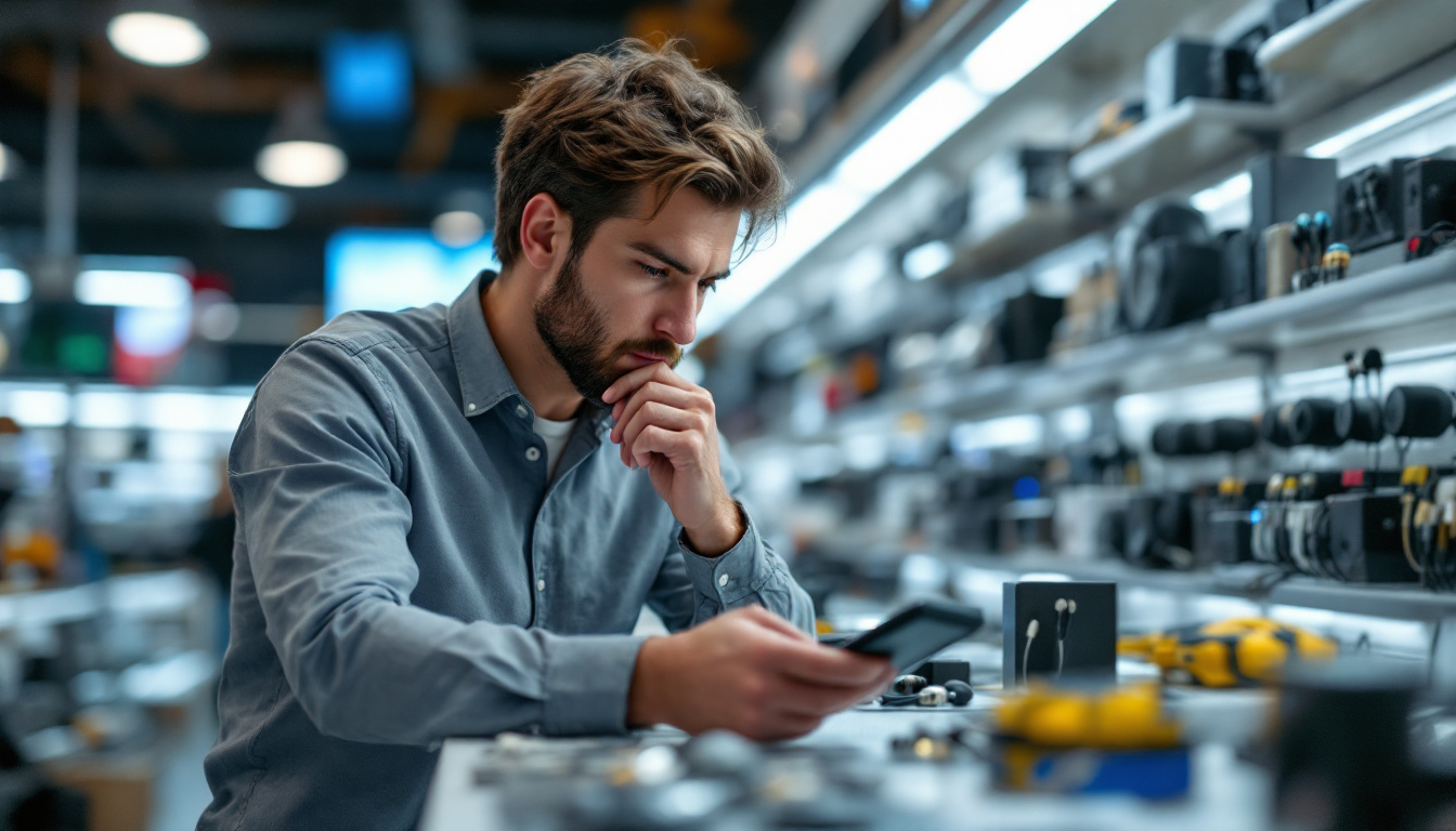 A photograph of a thoughtful investor examining a variety of high-quality audio cords in a well-lit electronics store