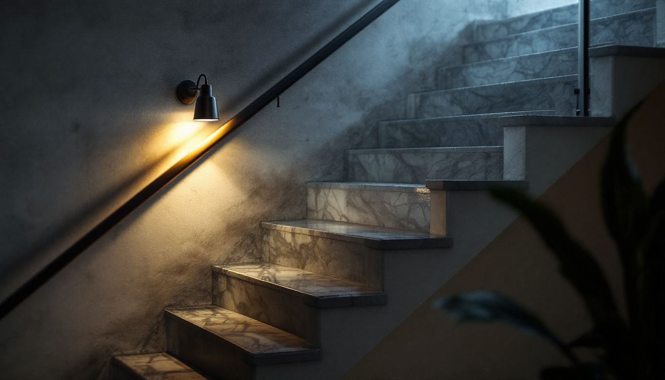 A photograph of a beautifully designed stairway light fixture illuminating a stylish staircase