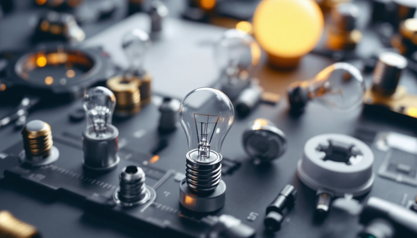 A photograph of a close-up shot of various light bulb bases alongside precision measurement tools