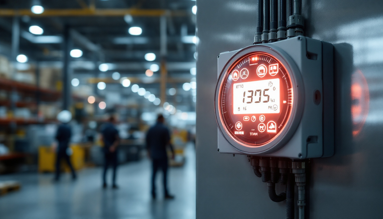 A photograph of a modern workplace or warehouse setting featuring an electric timer switch in action