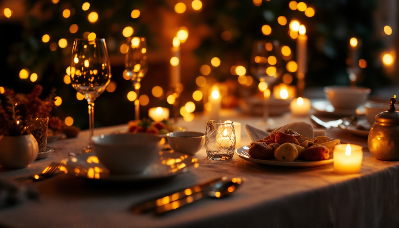 A photograph of a beautifully set dinner table illuminated by warm led lights