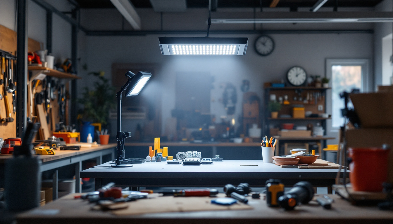 A photograph of a well-lit workshop showcasing a 48 led work light emitting a bright 5000 kelvin light