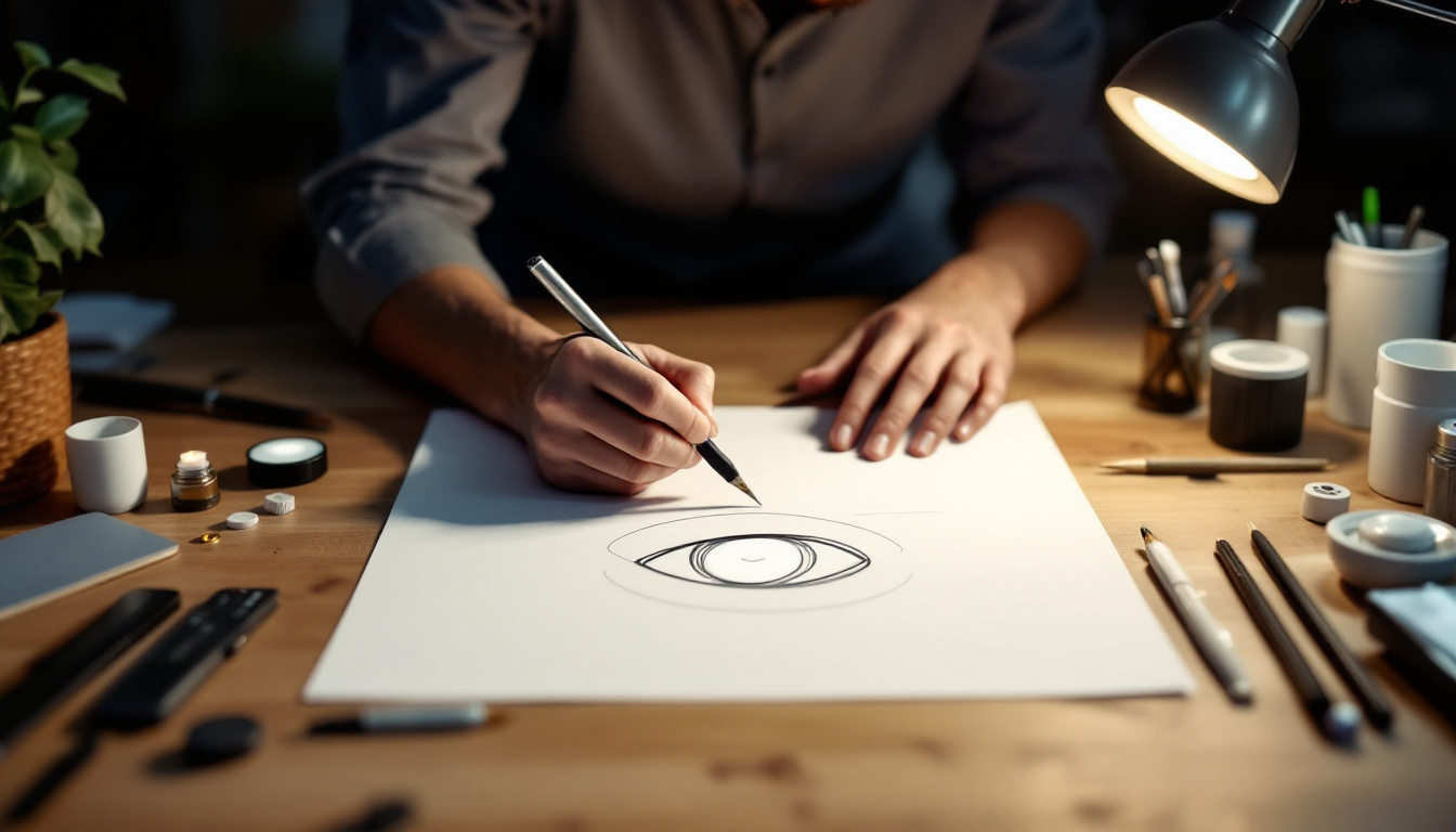 A photograph of a designer sketching the initial concept of a recessed downlight eye