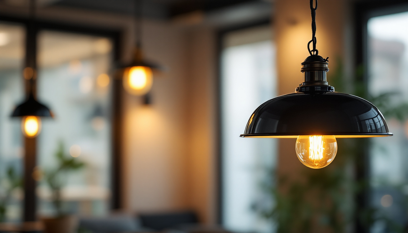 A photograph of a stylish black pendant light hanging elegantly from a chain in a modern