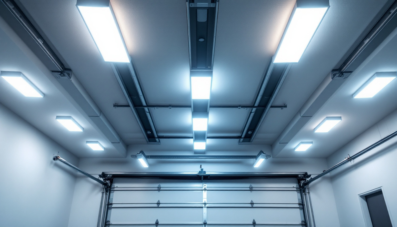 A photograph of a modern garage ceiling illuminated with various innovative lighting solutions