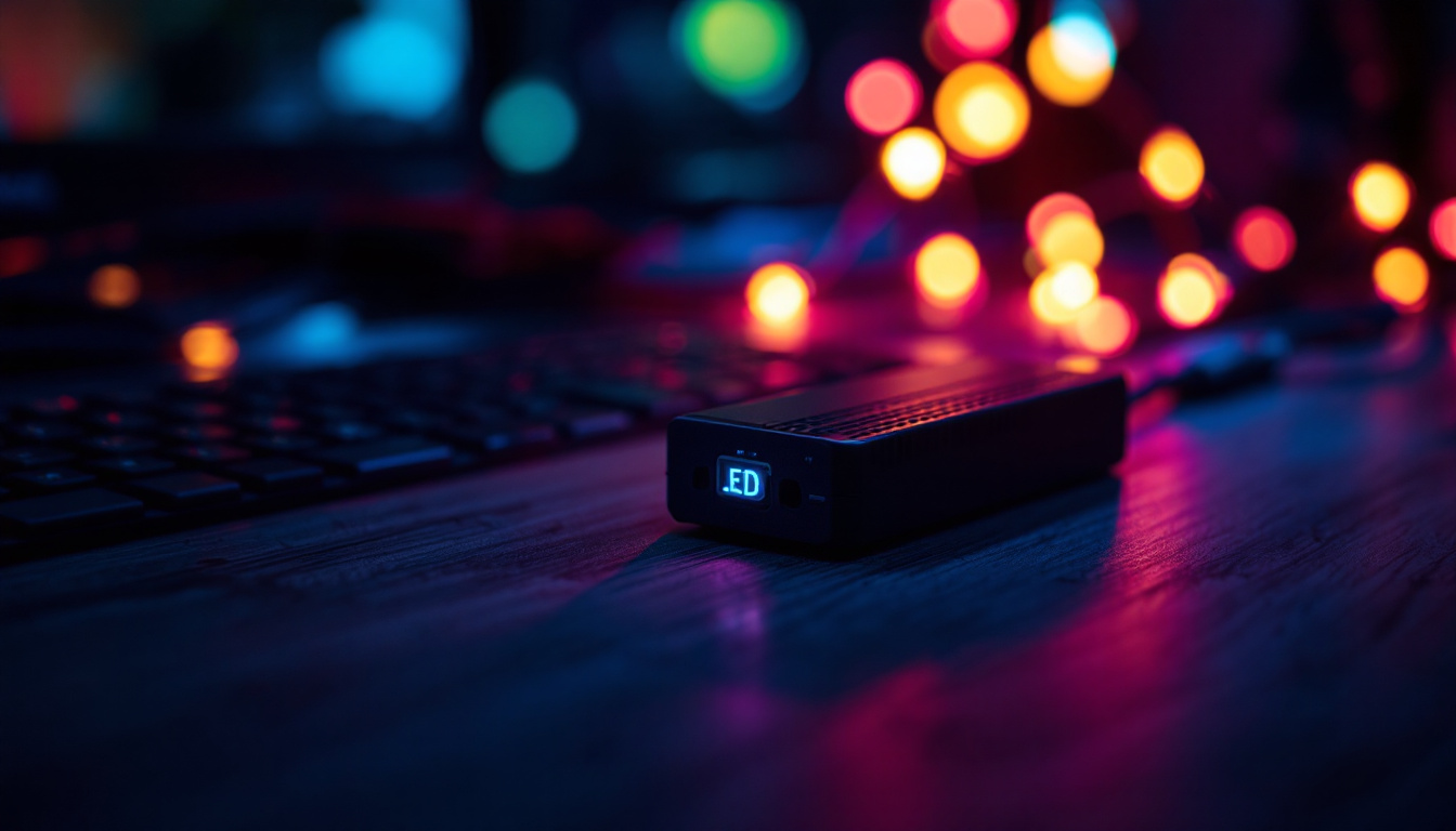 A photograph of a close-up shot of a sleek led driver alongside vibrant led lights in a dimly lit setting