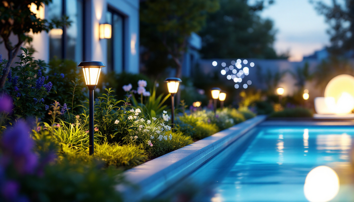 A photograph of capture a photograph of a vibrant outdoor space illuminated by solar lights