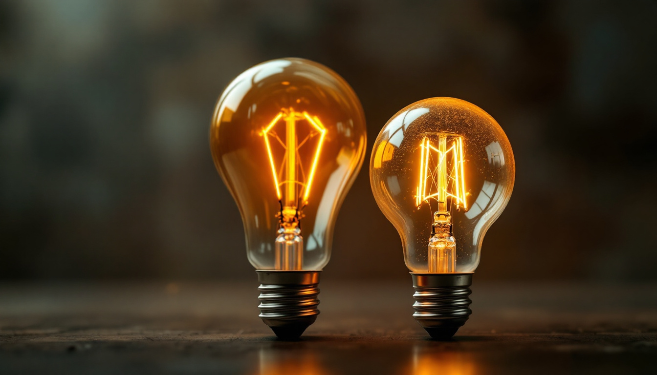 A photograph of a vintage light bulb alongside a modern led bulb
