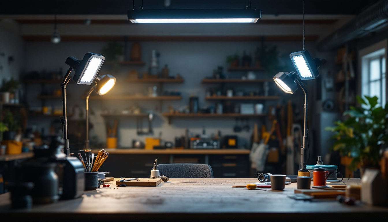 A photograph of a well-lit workshop or garage scene showcasing the 4 led shop lights in action