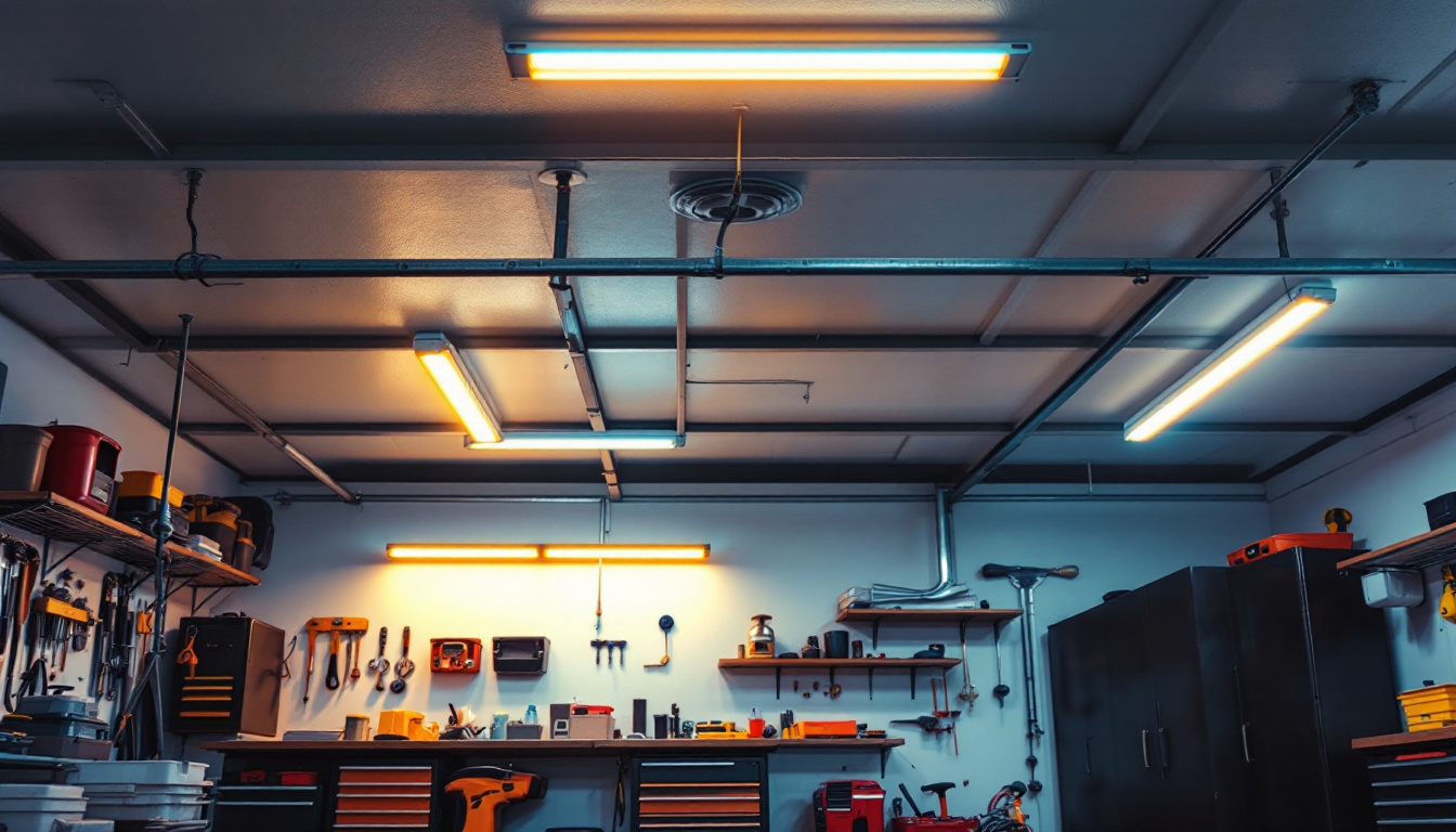 A photograph of a well-lit garage ceiling featuring led lighting