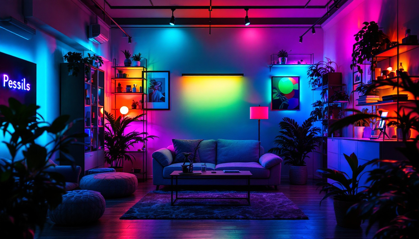 A photograph of a vibrant indoor scene showcasing various led lights illuminating objects with different colors