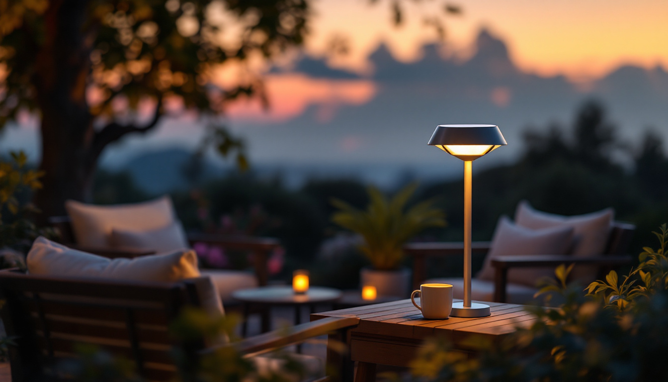 A photograph of a beautifully designed solar lamp illuminating a cozy outdoor setting at dusk
