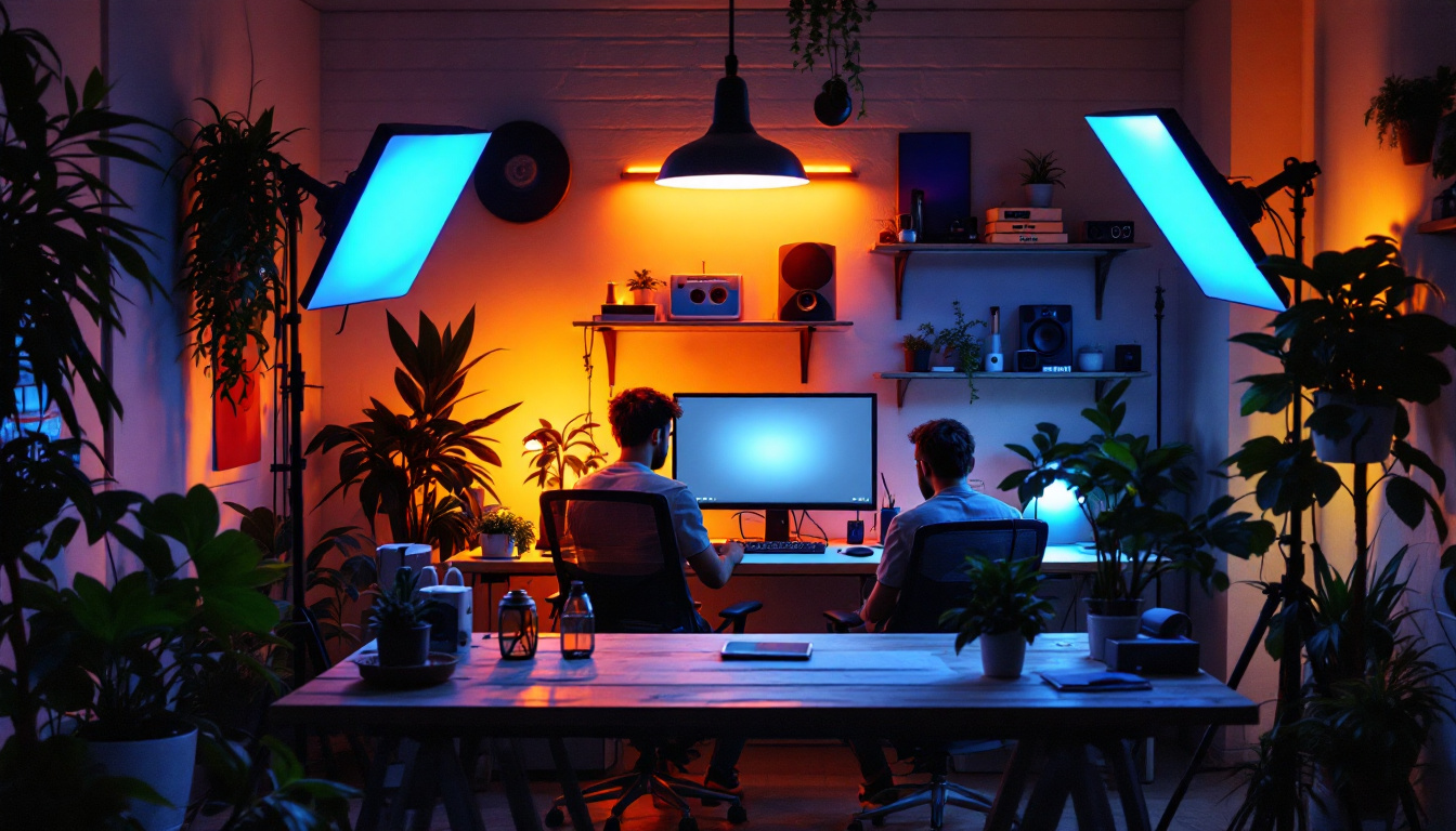 A photograph of a well-lit workspace featuring a variety of lighting setups