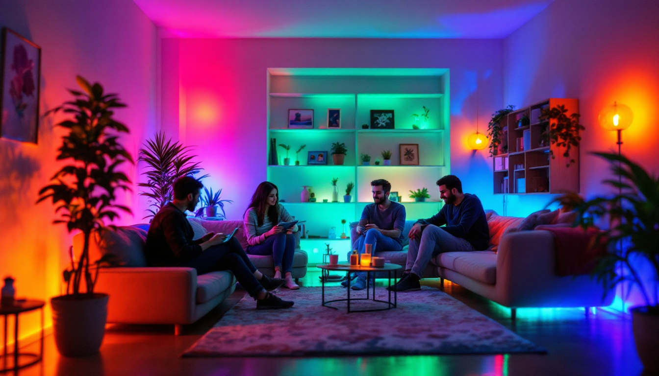 A photograph of a cozy indoor space illuminated by various colored lights