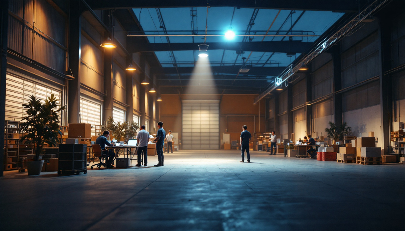 A photograph of a modern outdoor workspace or warehouse illuminated by smart lighting systems