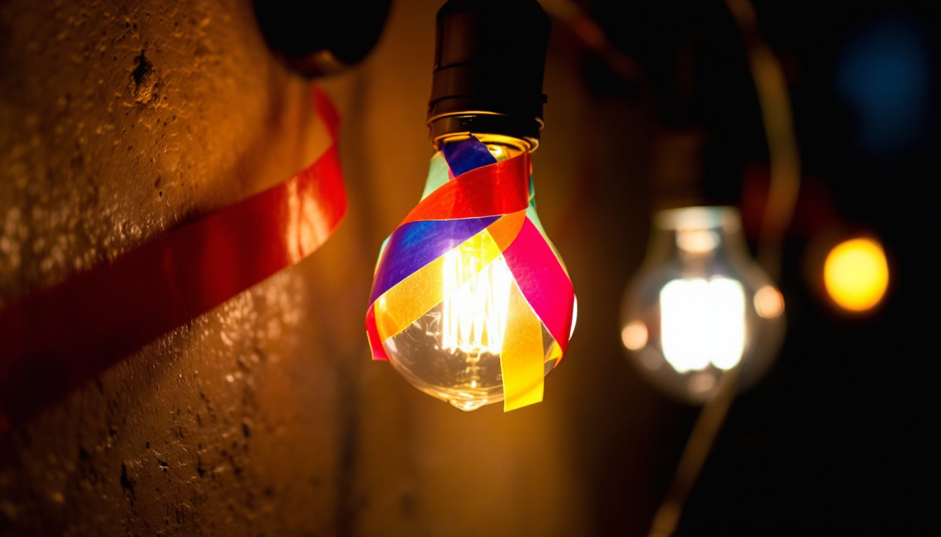 A photograph of a close-up of a light bulb wrapped in colorful electrical tape