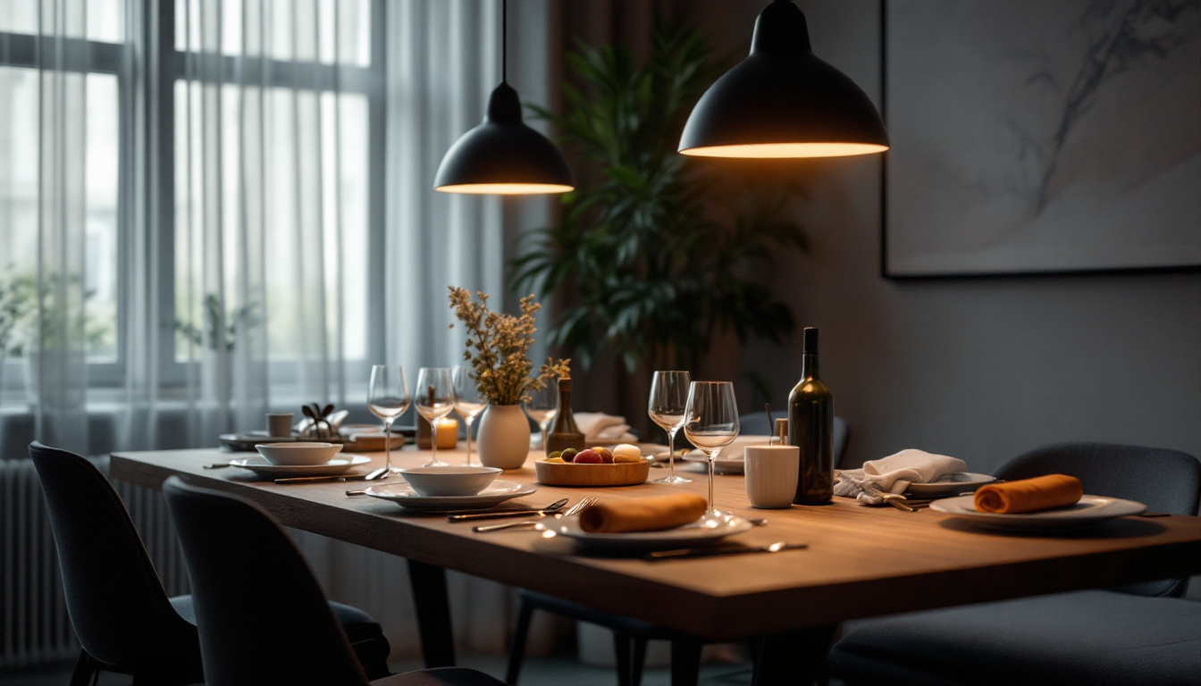 A photograph of a beautifully set dining table illuminated by stylish hanging lights