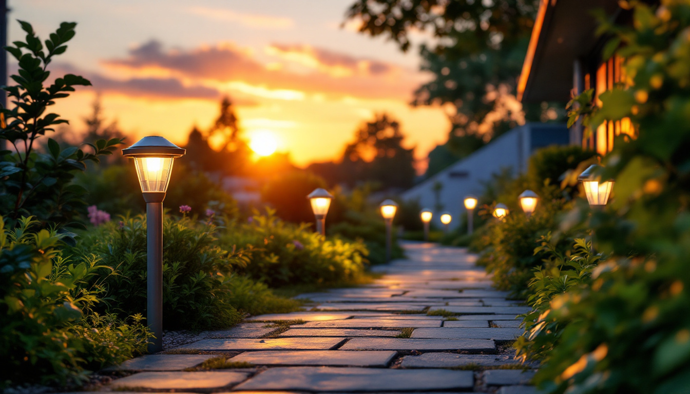 A photograph of a vibrant outdoor scene featuring solar led light strips illuminating a garden or pathway at dusk