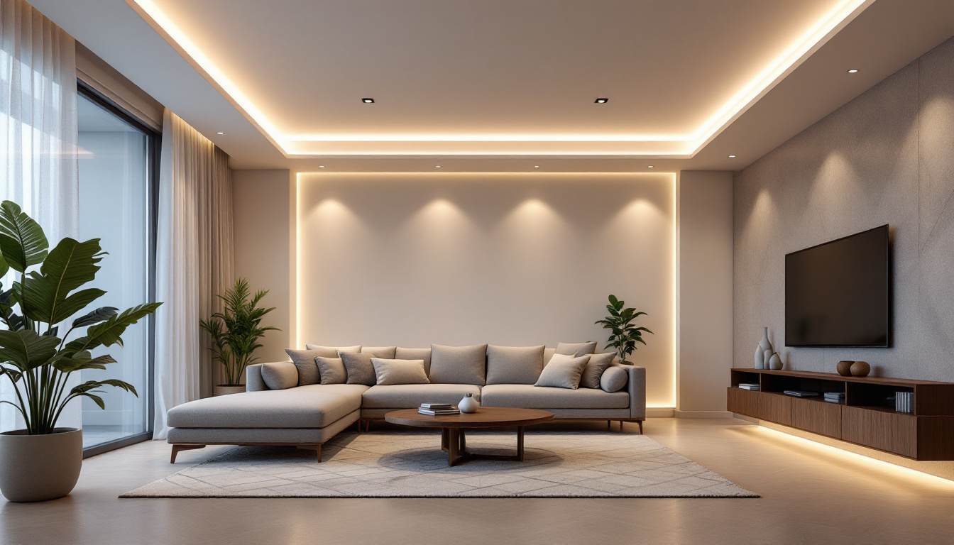 A photograph of a modern living space showcasing sleek recessed lighting seamlessly integrated into the ceiling