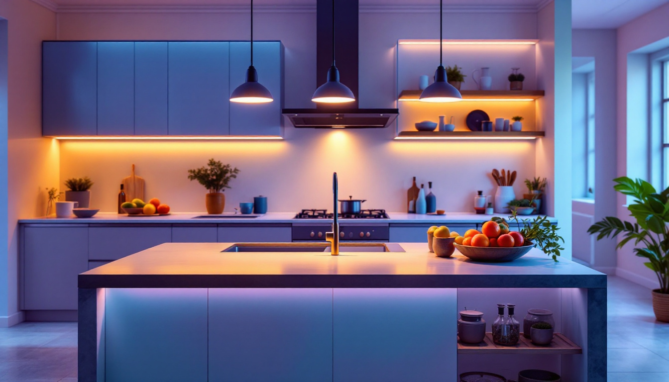 A photograph of a beautifully designed kitchen island illuminated by stylish and innovative lighting fixtures