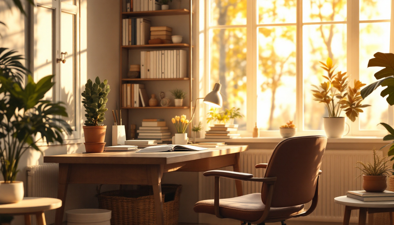 A photograph of a cozy study room bathed in warm