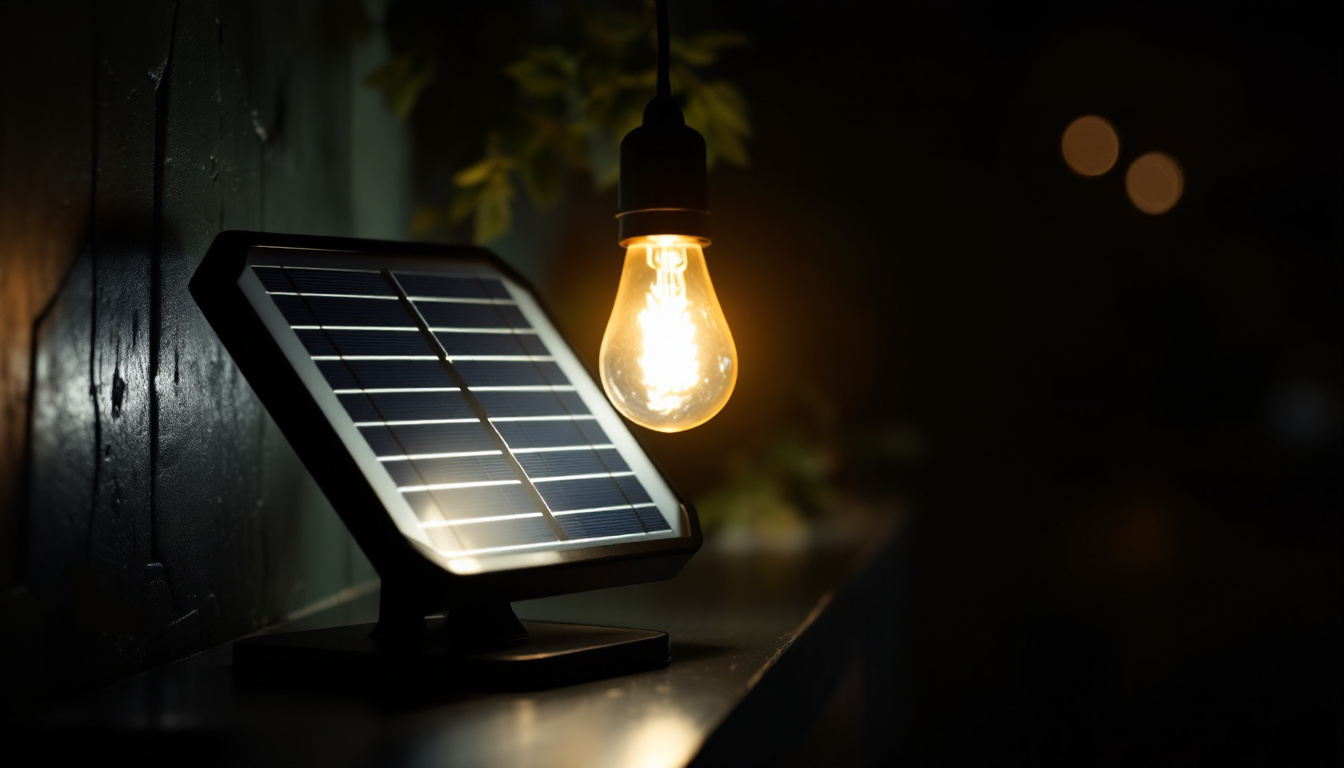 A photograph of a solar light being illuminated by a bright light bulb in a dimly lit setting