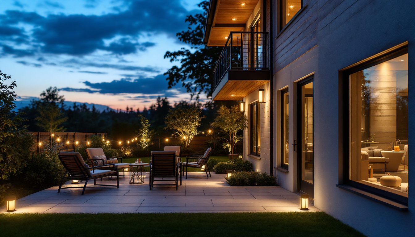 A photograph of a beautifully illuminated patio at dusk
