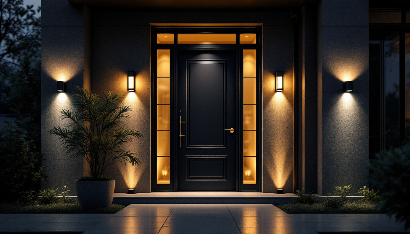 A photograph of a beautifully designed front door illuminated by modern lighting fixtures