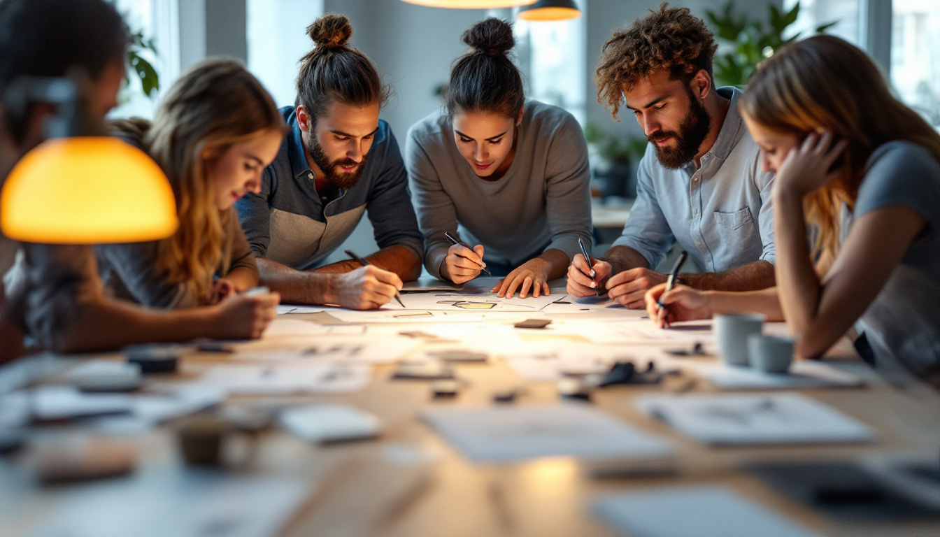 A photograph of a dynamic team brainstorming and collaborating around a table