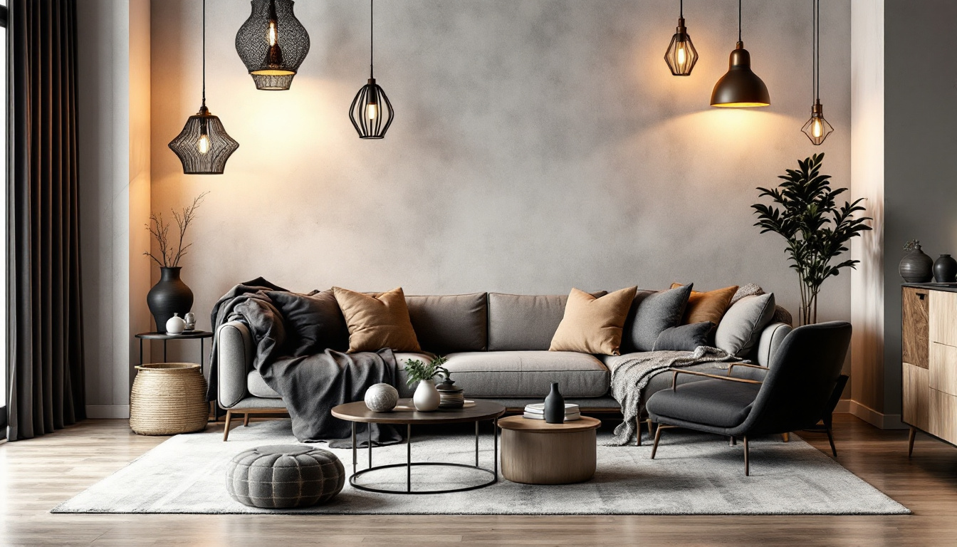 A photograph of a stylishly arranged living space featuring a variety of pendant lights in different designs and settings