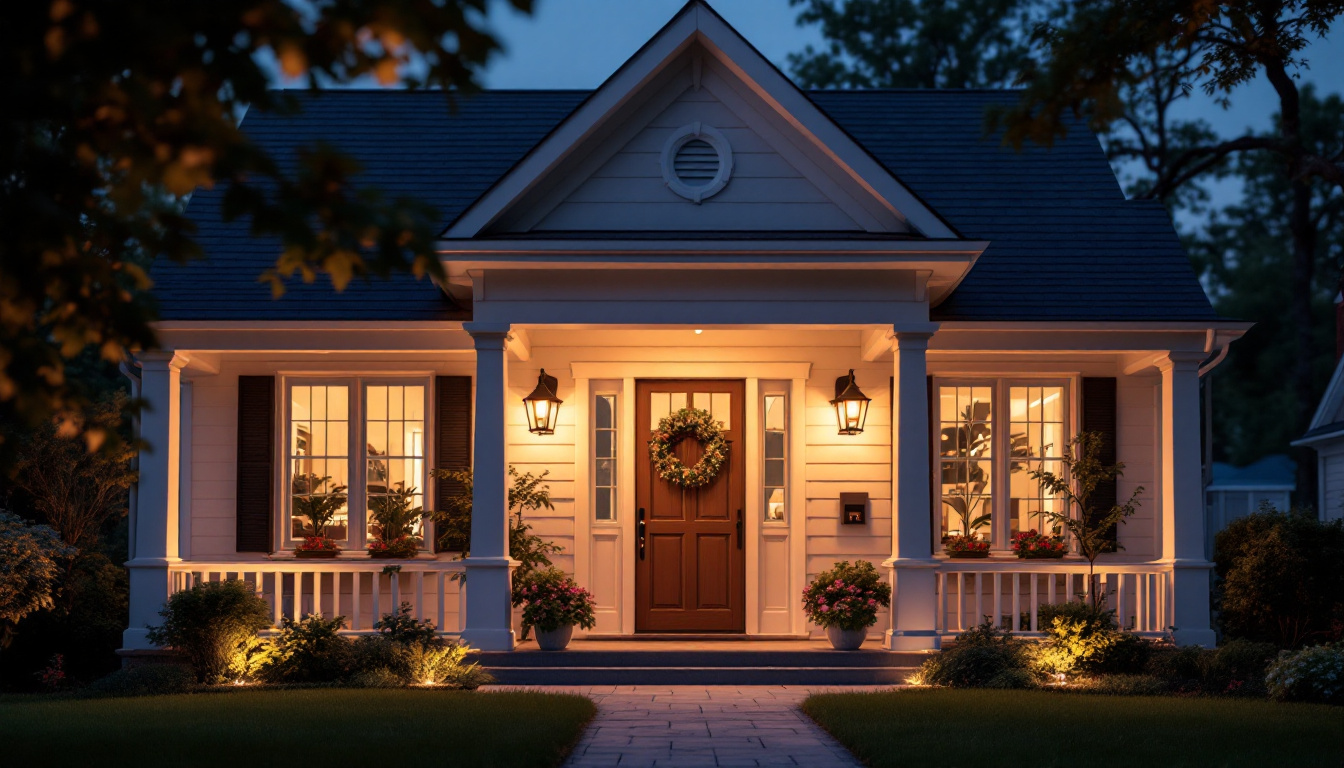 A photograph of a beautifully lit porch showcasing a variety of stylish porch lights in an inviting evening setting