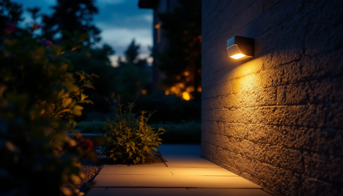A photograph of a well-lit outdoor space featuring a modern motion sensor light in action
