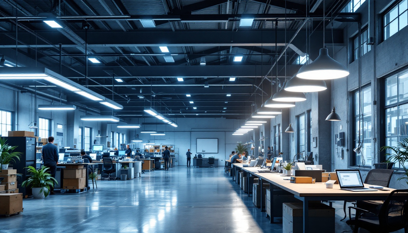 A photograph of a modern workplace and warehouse showcasing innovative light fixtures