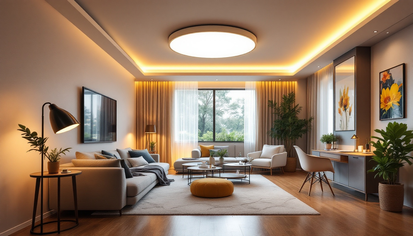 A photograph of a beautifully designed room featuring an led ceiling fixture that highlights its versatility and aesthetic appeal